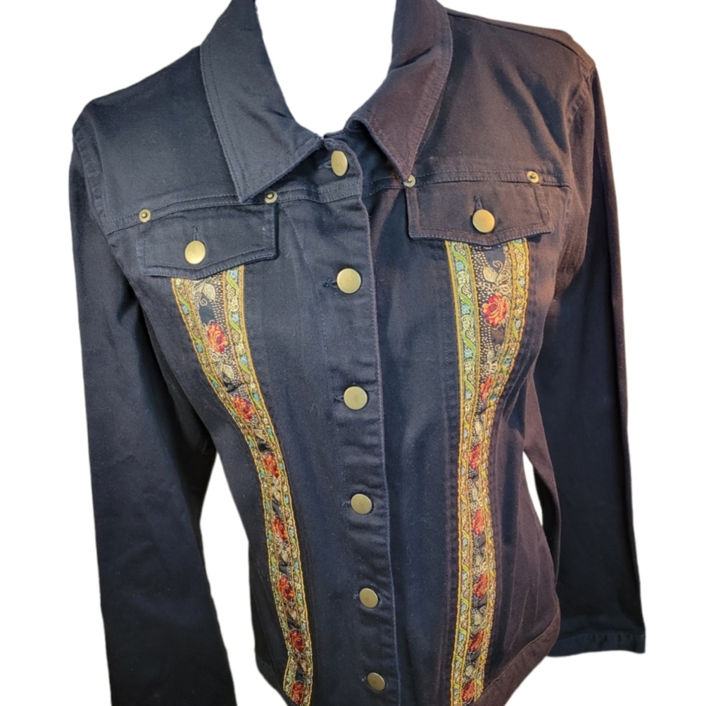 Womans Francesca Rose Black Cotton Embroidered Denim Jacket Style Size Large